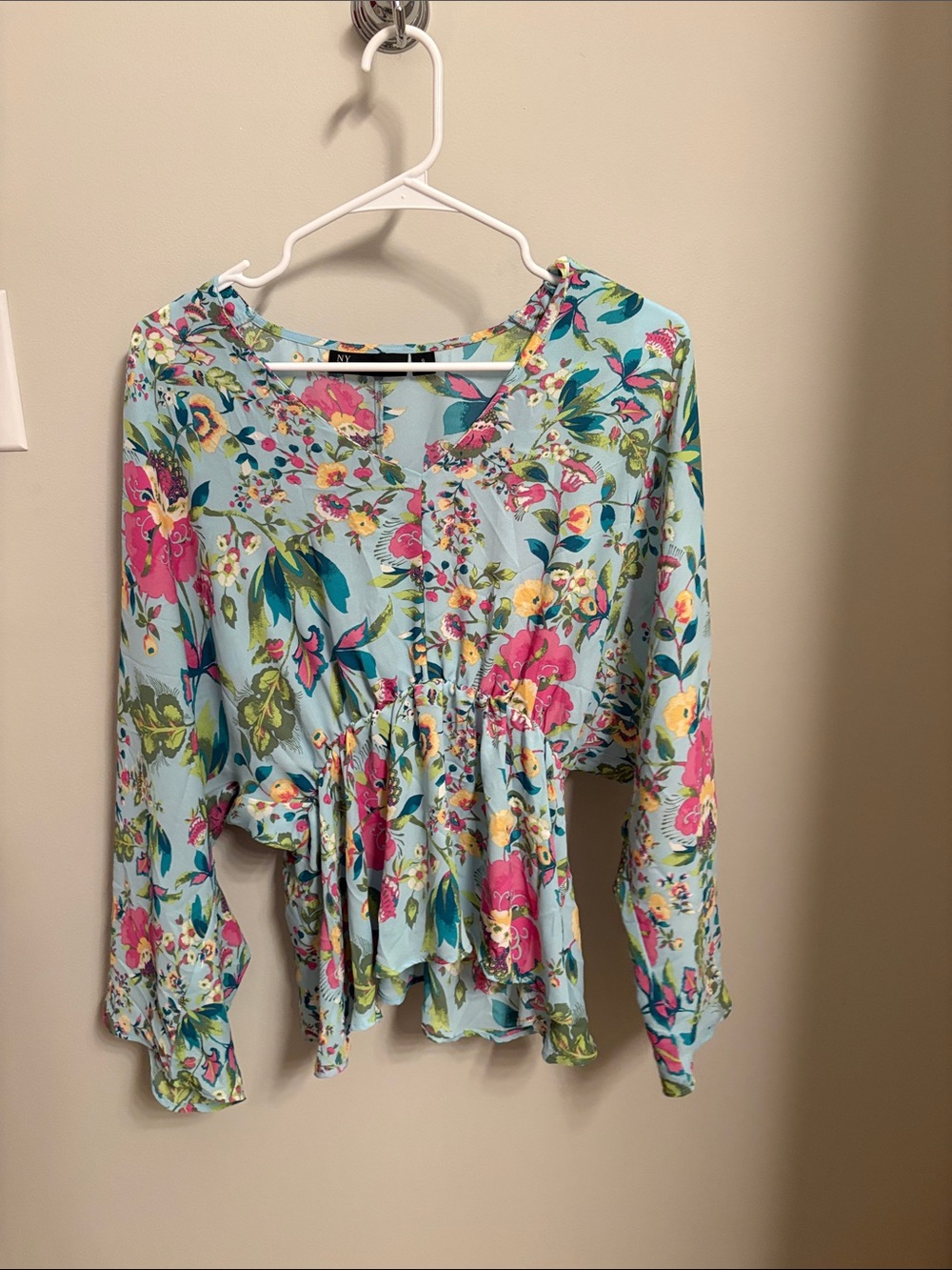 New York & Company Light Blue Floral Peplum Top